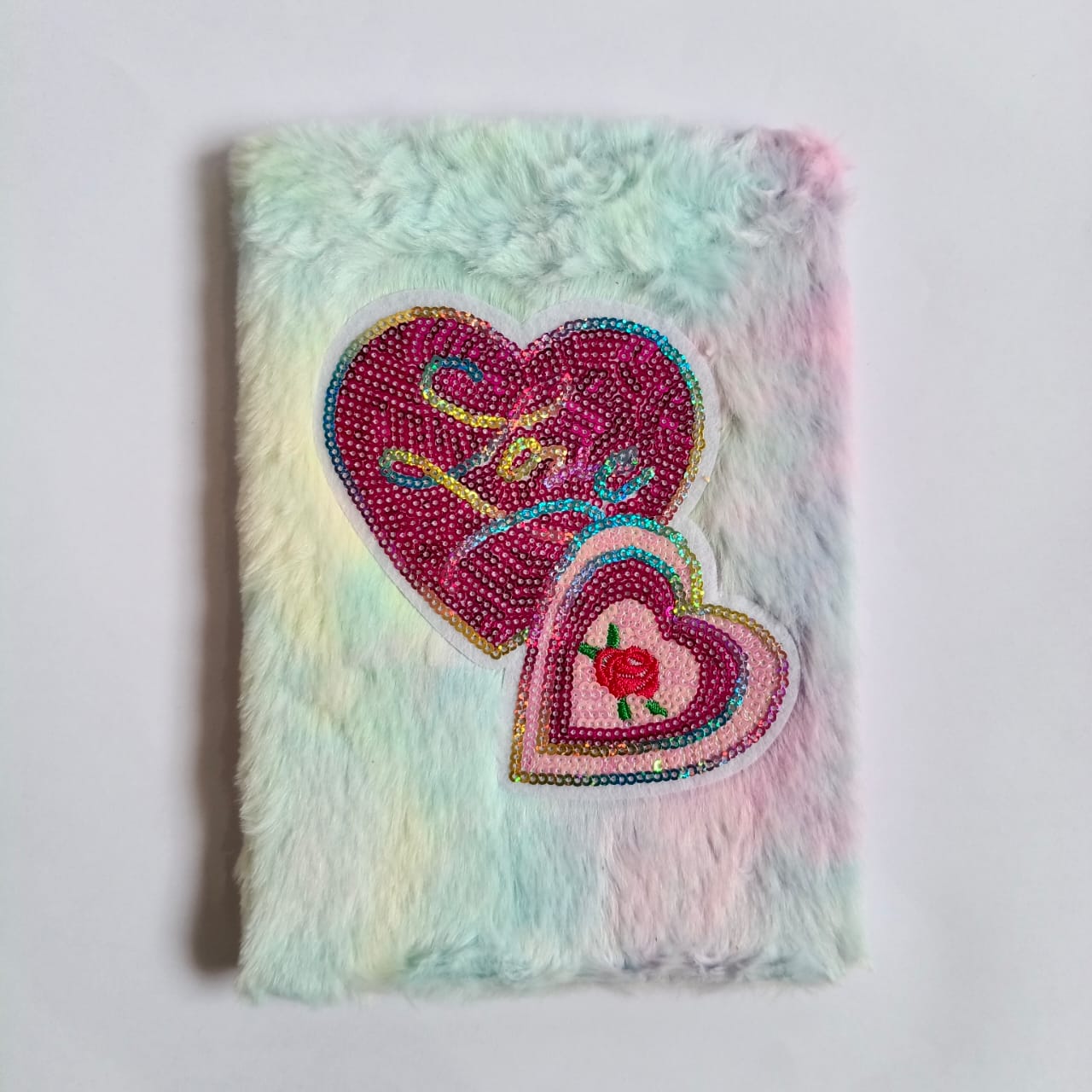 Sparkling Rainbow Tie-Dye Plush Notebook – Fluffy Sequin Heart Journal for Girls