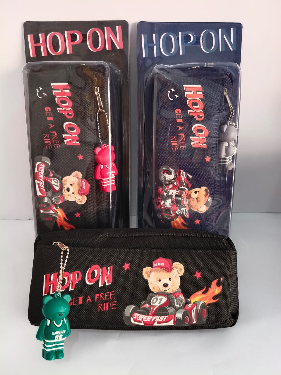HOP ON – Super Fast Bear Pencil Pouch with Keychain art no 20