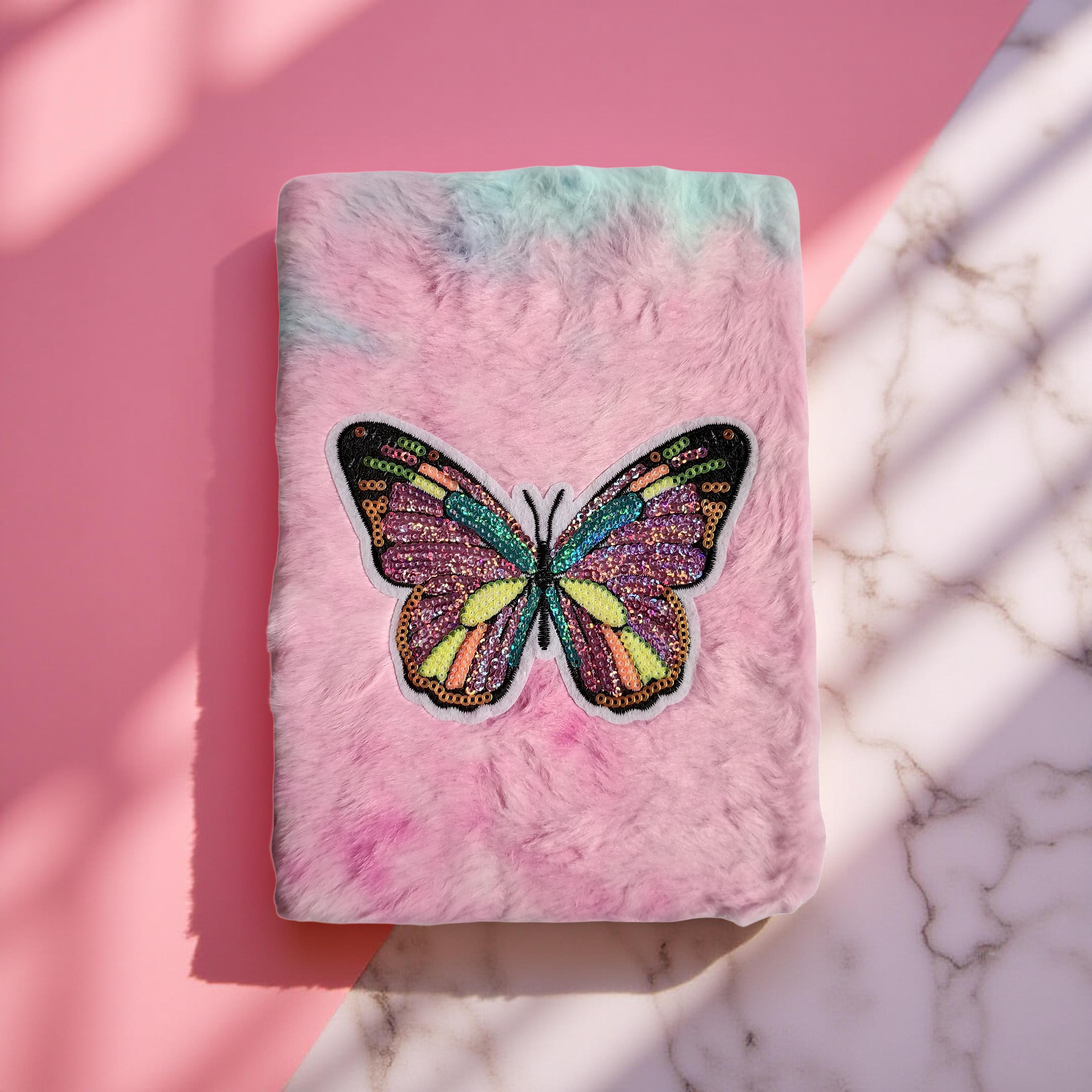 Plush Butterfly Sequin Diary – Soft Furry Cover Cute Journal for Kids & Teens |  fancy diary  | Soft Fur Cover Fancy Notebook | soft fur diary