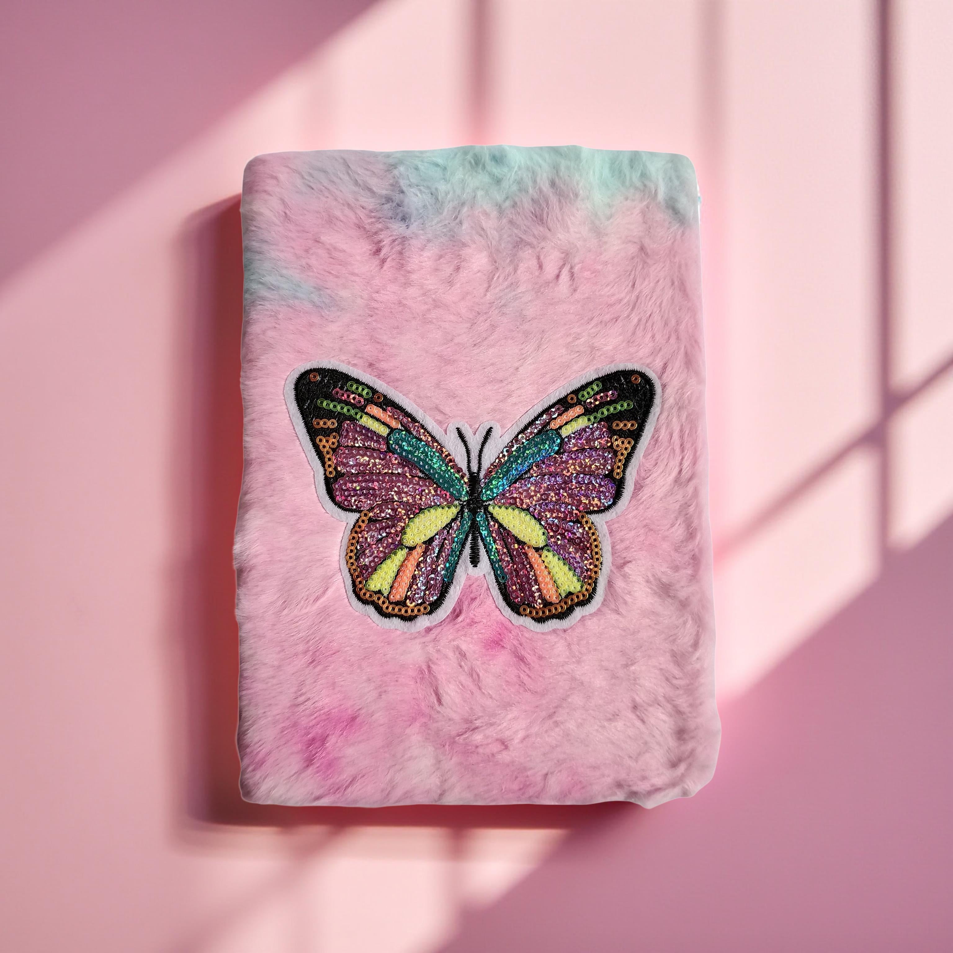 Plush Butterfly Sequin Diary – Soft Furry Cover Cute Journal for Kids & Teens |  fancy diary  | Soft Fur Cover Fancy Notebook | soft fur diary