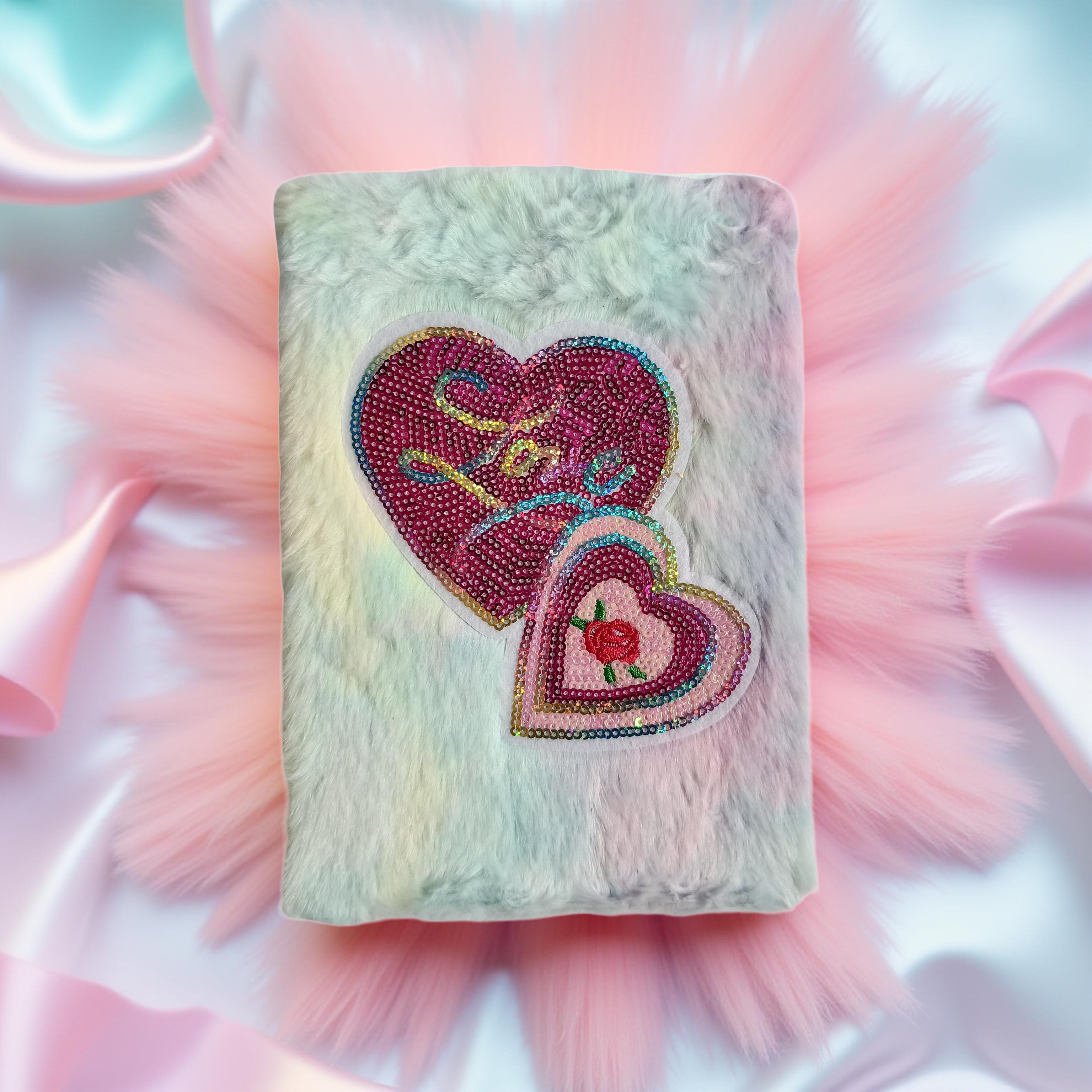 Sparkling Rainbow Tie-Dye Plush Notebook – Fluffy Sequin Heart Journal | soft fur diary | Soft Fur Cover Fancy Notebook