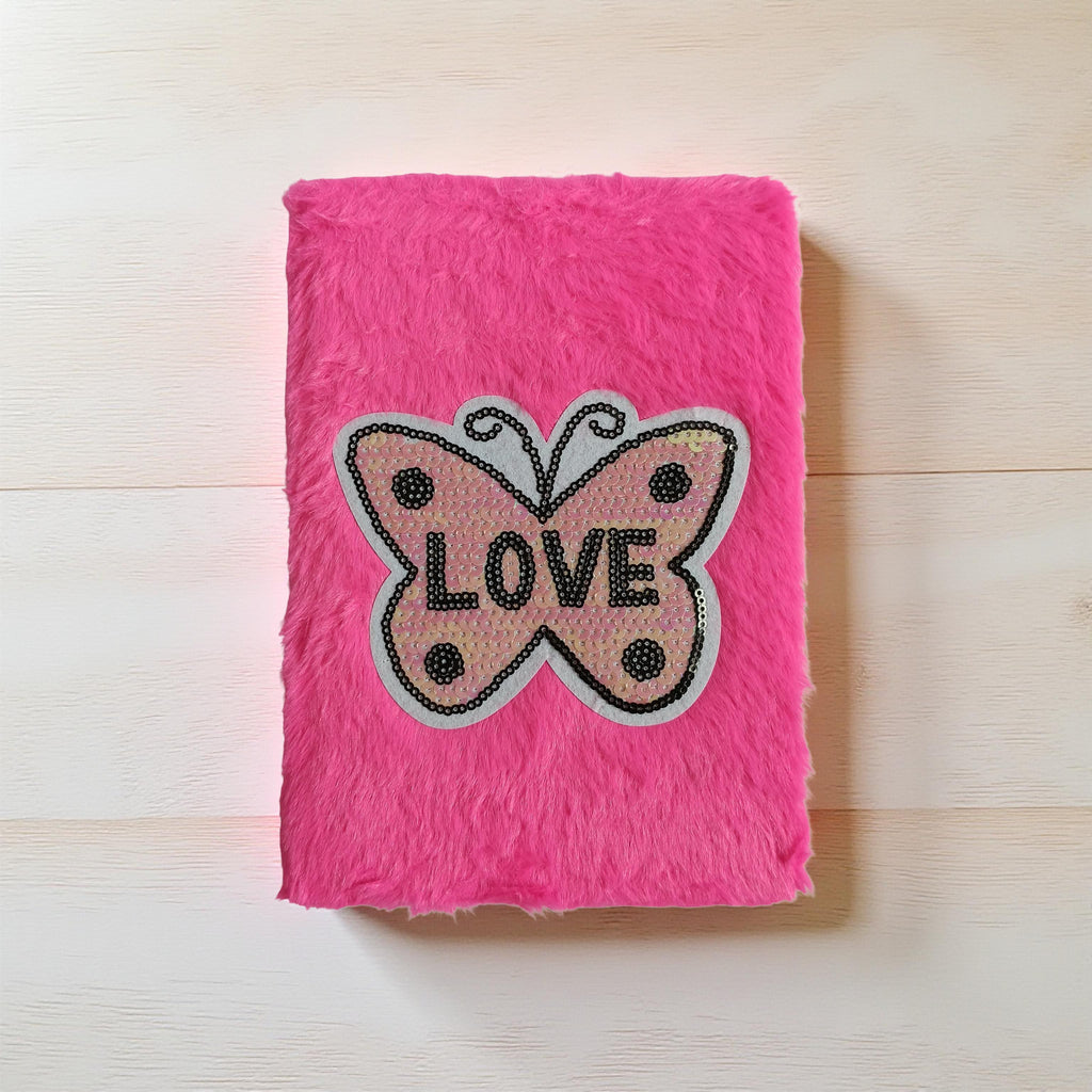 Pink Butterfly Plush Fur Notebook | LOVE Sequin Diary for Girls & Kids butterfly notebook, plush notebook, pink fur diary, love diary, sequin notebook, cute diary, girls notebook, fluffy notebook, kids stationery, aesthetic notebook