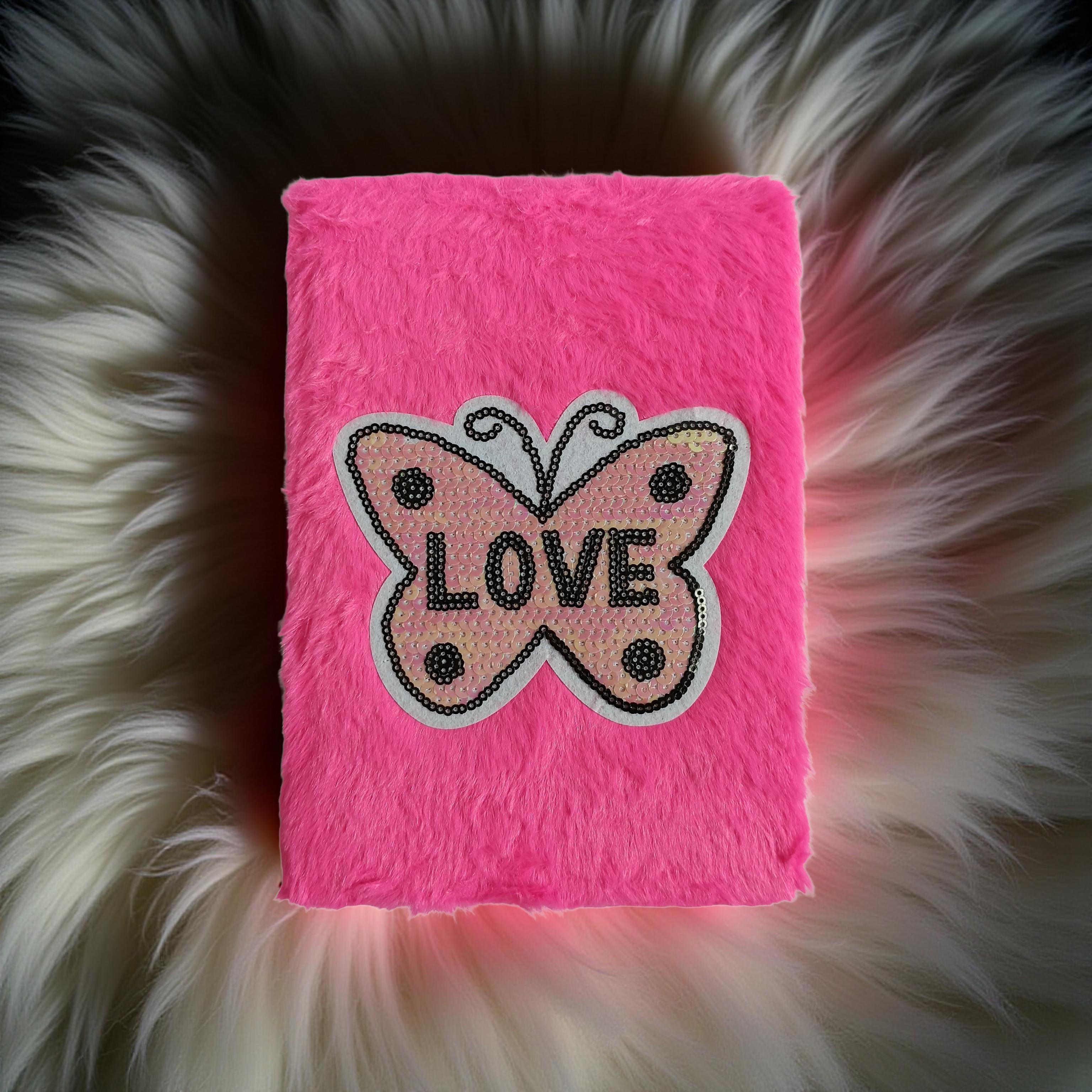Pink Butterfly Plush Fur Notebook | LOVE Sequin Diary for Girls & Kids butterfly notebook, plush notebook, pink fur diary, love diary, sequin notebook, cute diary, girls notebook, fluffy notebook, kids stationery, aesthetic notebook