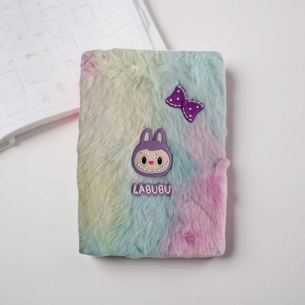 Cute Fluffy Rainbow Notebook with Cartoon Bunny – A5 Plush Diary for Girls & Gifts | fancy diary for kids |  soft fur diary |  aesthetic diary