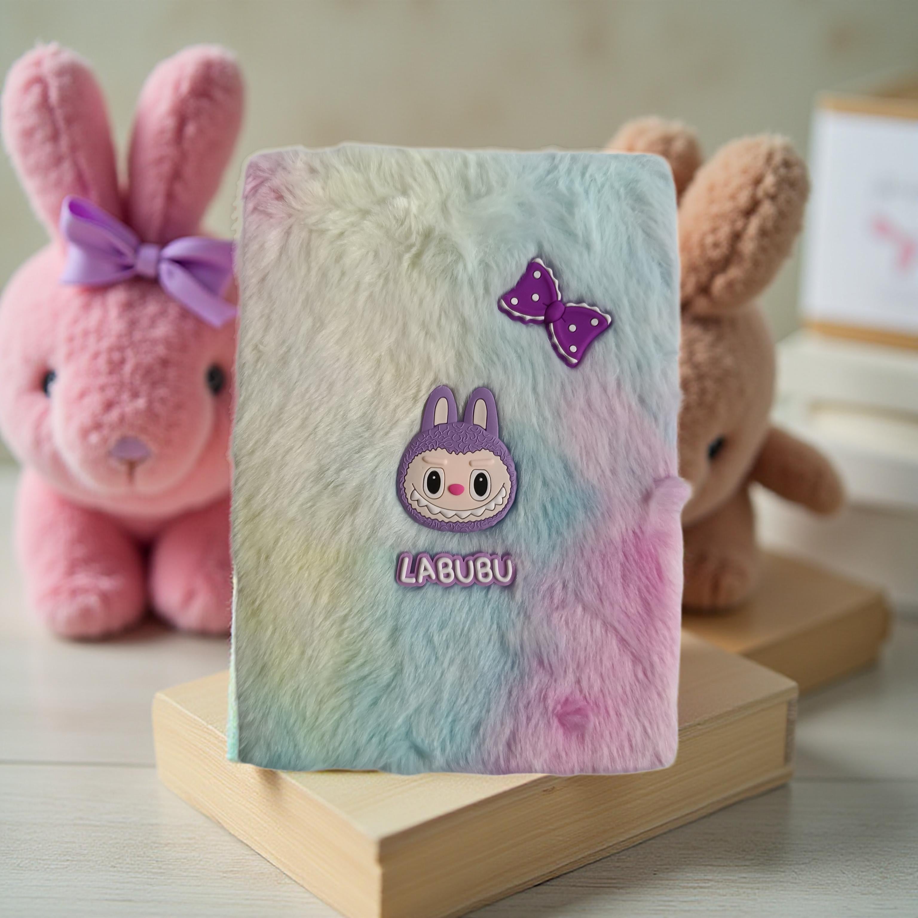 Cute Fluffy Rainbow Notebook with Cartoon Bunny – A5 Plush Diary for Girls & Gifts | fancy diary for kids |  soft fur diary |  aesthetic diary