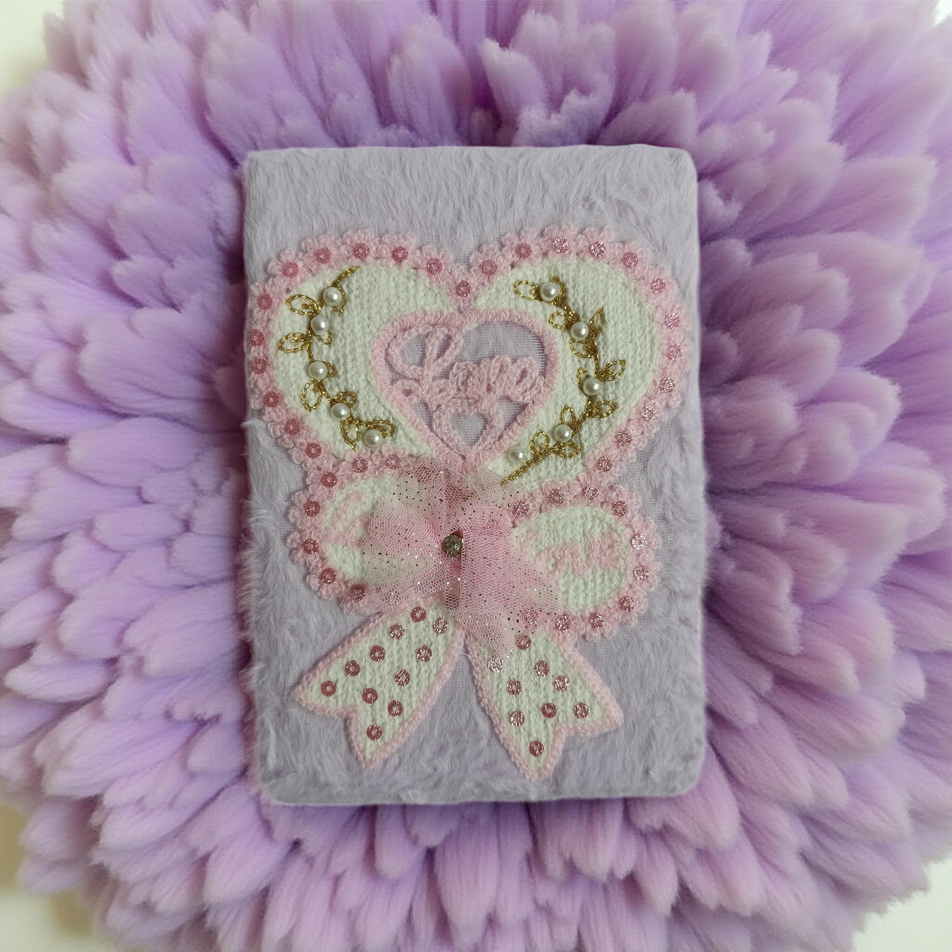 Handmade Fluffy Embroidered Notebook with Heart & Bow Design – Cute Plush Diary for Gifts