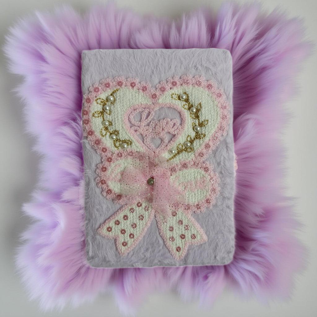 Handmade Fluffy Embroidered Notebook with Heart & Bow Design – Cute Plush Diary for Gifts
