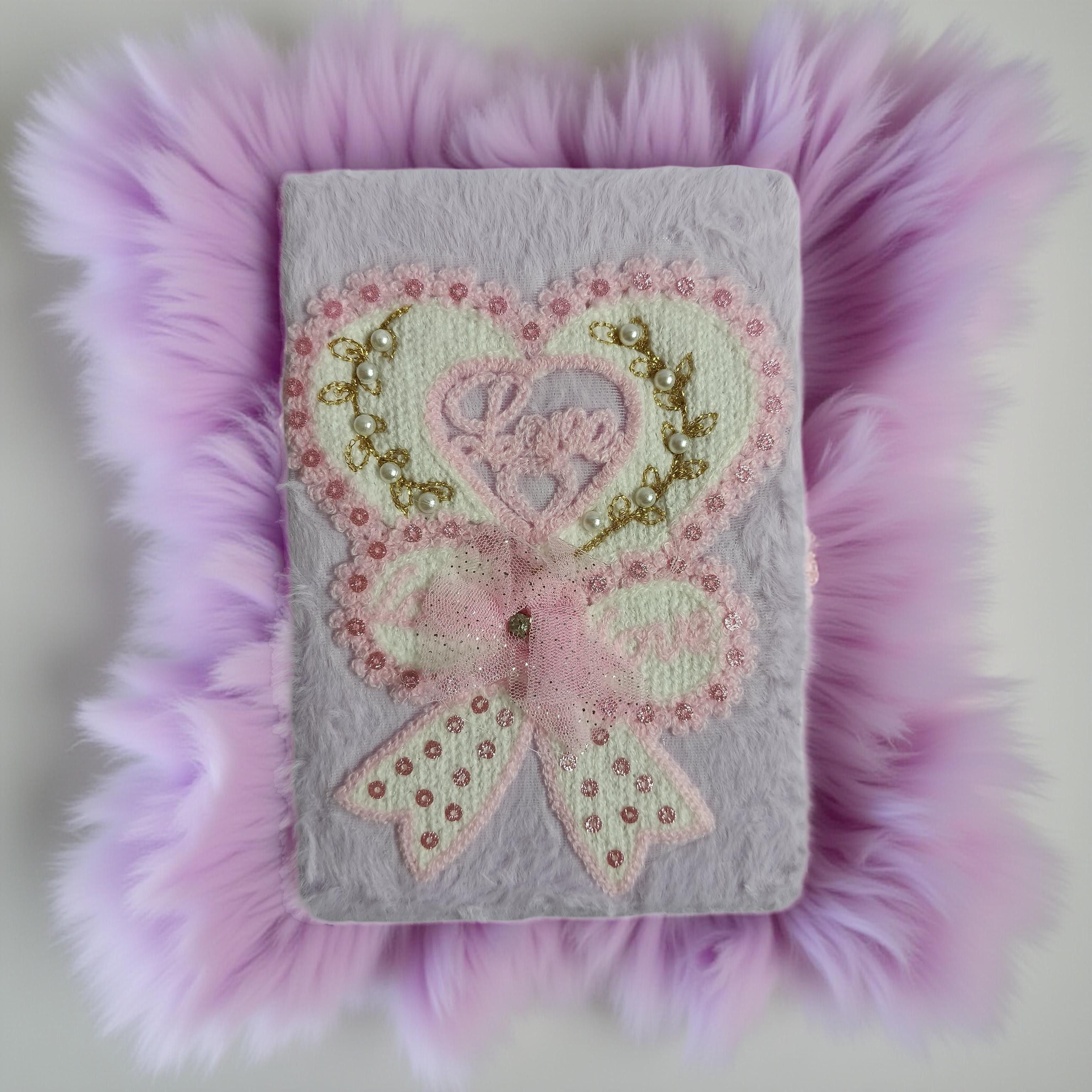 Handmade Fluffy Embroidered Notebook with Heart & Bow Design – Cute Plush Diary for Gifts