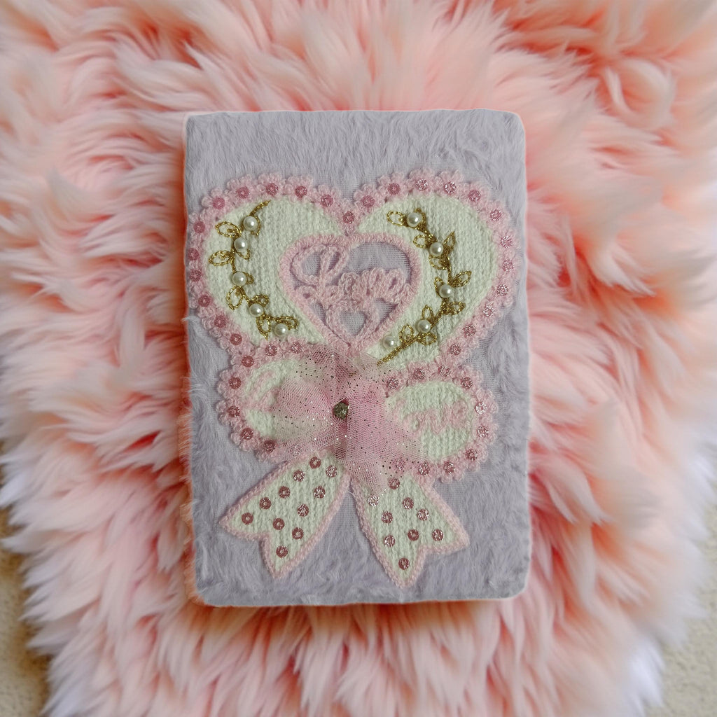 Handmade Fluffy Embroidered Notebook with Heart & Bow Design – Cute Plush Diary for Gifts