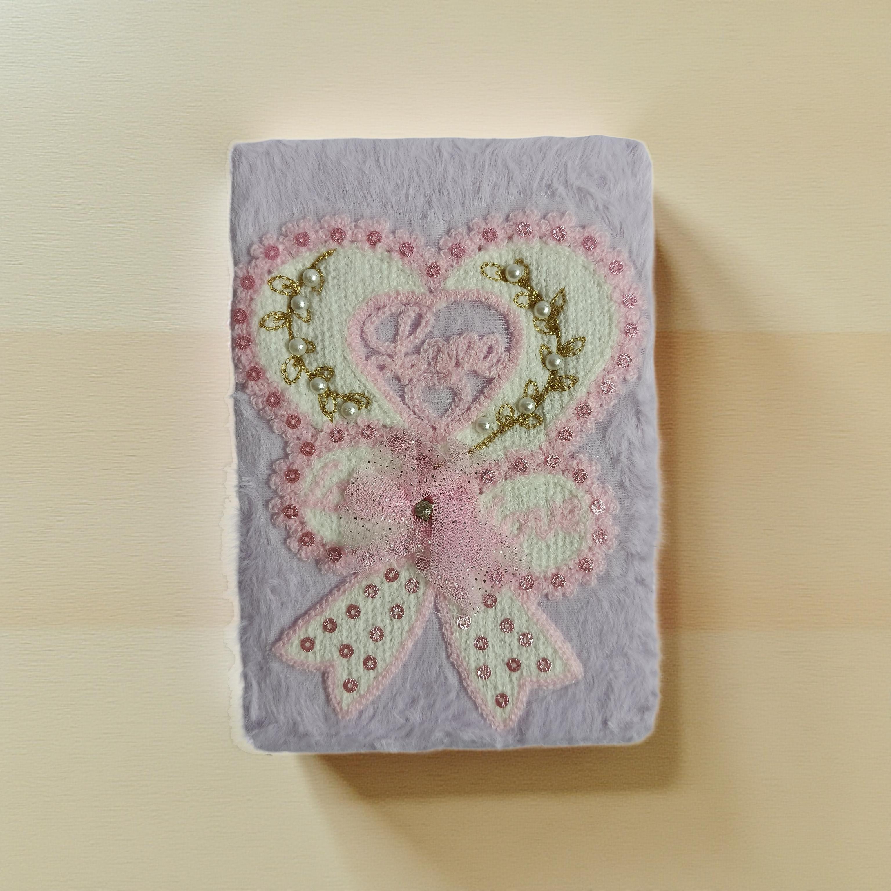 Handmade Fluffy Embroidered Notebook with Heart & Bow Design – Cute Plush Diary for Gifts