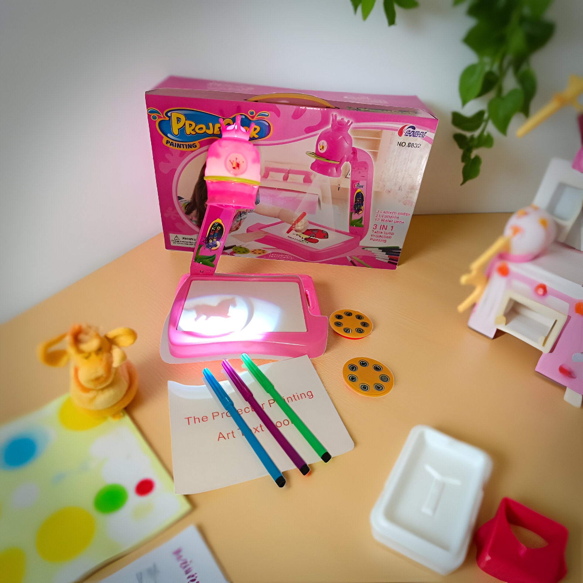 Projector Painting Set (NO. 8832)  By: New Rising Creative Kids Drawing Projector Toy | 3 in 1 Painting Table with Light & Patterns