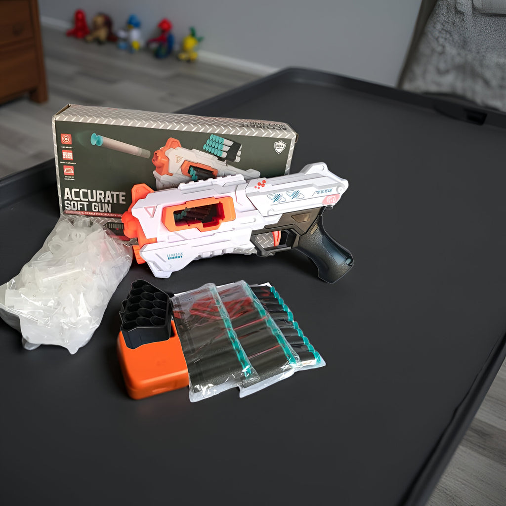 Kids soft dart blaster gun with foam bullets and rotating belt
