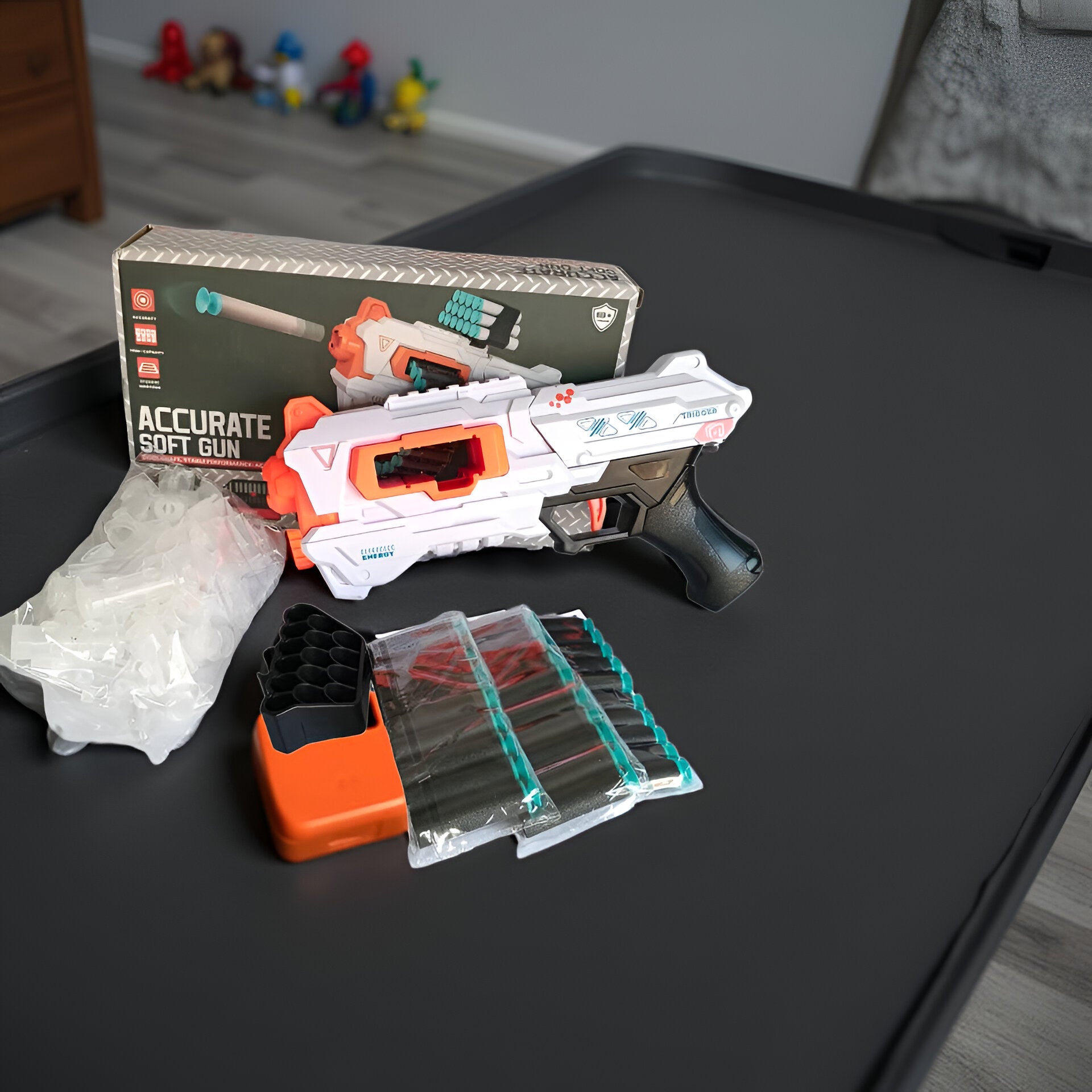 Kids soft dart blaster gun with foam bullets and rotating belt
