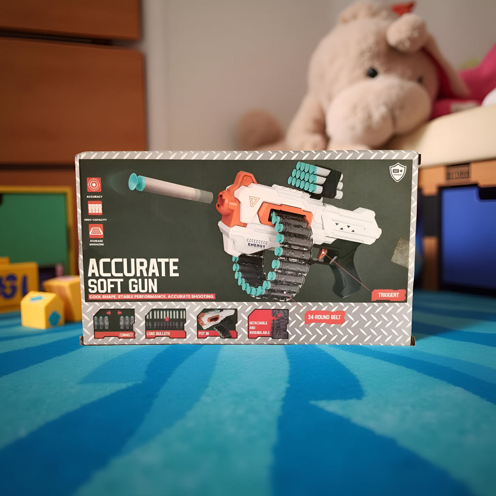 Accurate Soft Gun | Accurate Soft Bullet Toy Gun – 24 Round Belt Foam Dart Blaster for Kids | Accurate Soft Bullet Toy Gun | 24 Round Foam Dart Blaster for Kids |accurate-soft-bullet-toy-gun